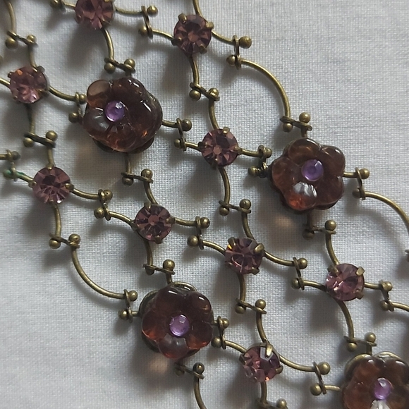 Vintage Purple Stone Flower and Rhinestone Filigree Chain Bracelet - Picture 3 of 7